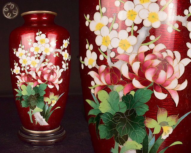 七宝焼 赤透釉 四君子文 花瓶 M R9121 七宝焼 赤透釉 四君子文 花瓶