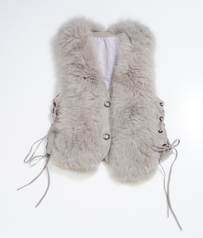 ME0920◇イタリア製*羊革×フォックスファー*FOX*本毛皮*レースアップ*ファーベスト/レザーベスト*グレー系*L相当