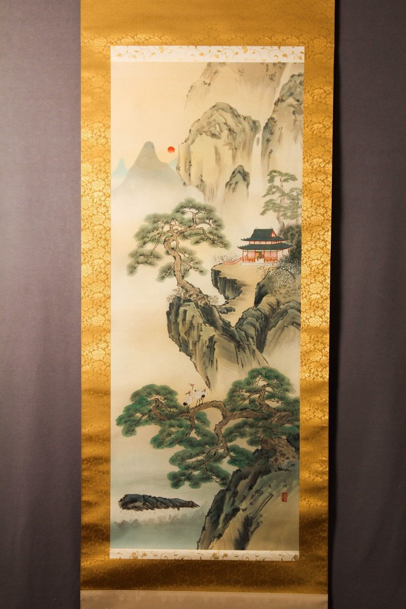 真作梶野玄山⁄春渓釣り人図⁄掛軸☆宝船☆AB-291