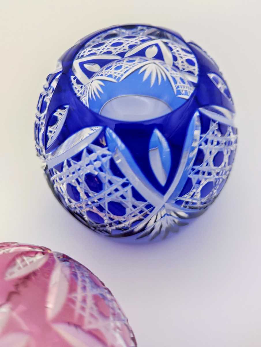 美品・ペア薩摩切子 グラス 赤青2客セット／伝統工芸品／共箱