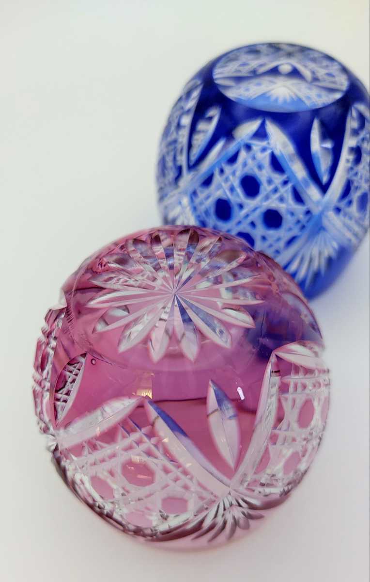 美品・ペア薩摩切子 グラス 赤青2客セット／伝統工芸品／共箱