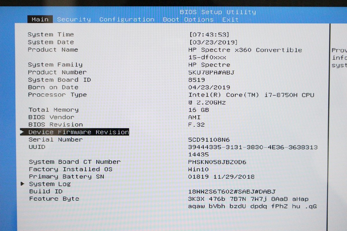 HP Spectre X360 15-df0009TX CORE i7-8750H RAM16GB HDD無し BIOS起動