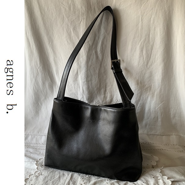 agnes b. アニエスベー 本革　レザー　ショルダーバッグ 黒ブラック ロゴ 送料520円