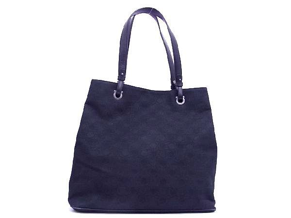 1円 ■美品■ Salvatore Ferragamo フェラガモ ガンチーニ AU-21 3831 キャンバス ハンドバッグ ショルダー トート ブラック系 BC2196ハh