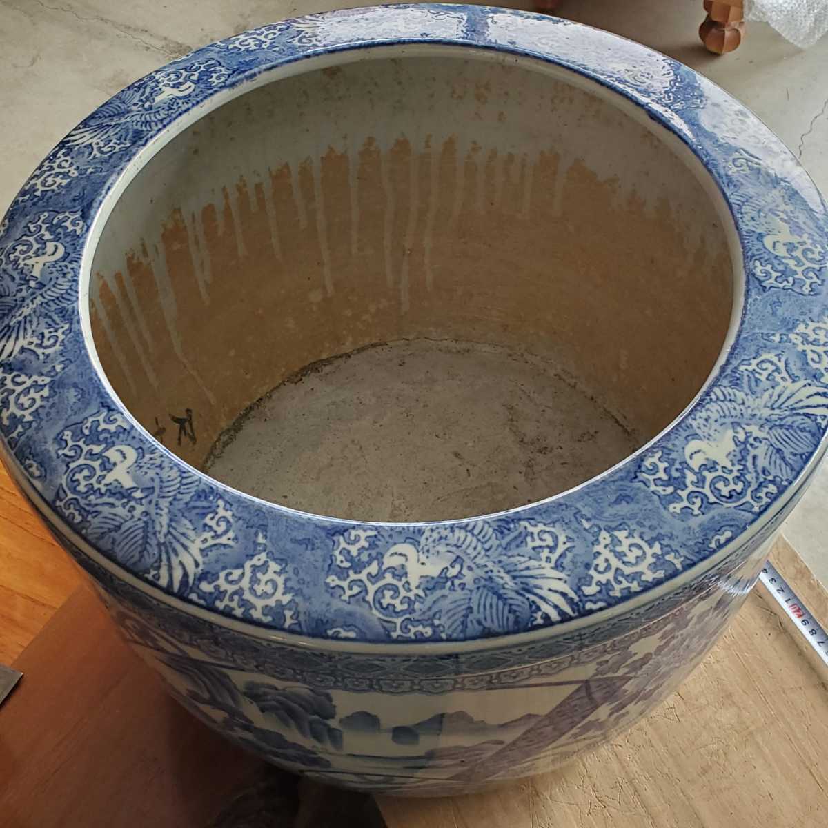 直径52cm 陶磁器 伊万有田焼 染付け 唐草 山水窓絵紋 火鉢 //検索 古民