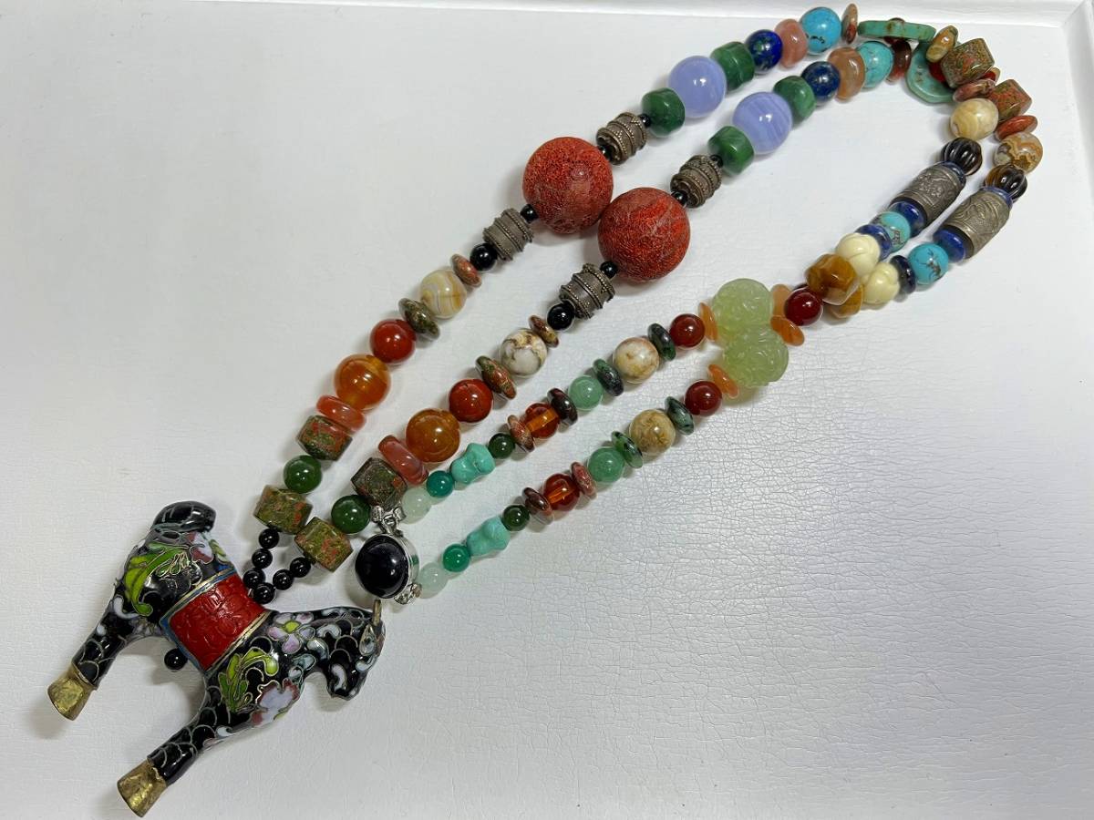 ■ヴィンテージ■天然石■ロングネックレス■瑪瑙/ターコイズ/七宝/エナメル■アンティーク■レディースアクセサリー■未使用保管品■