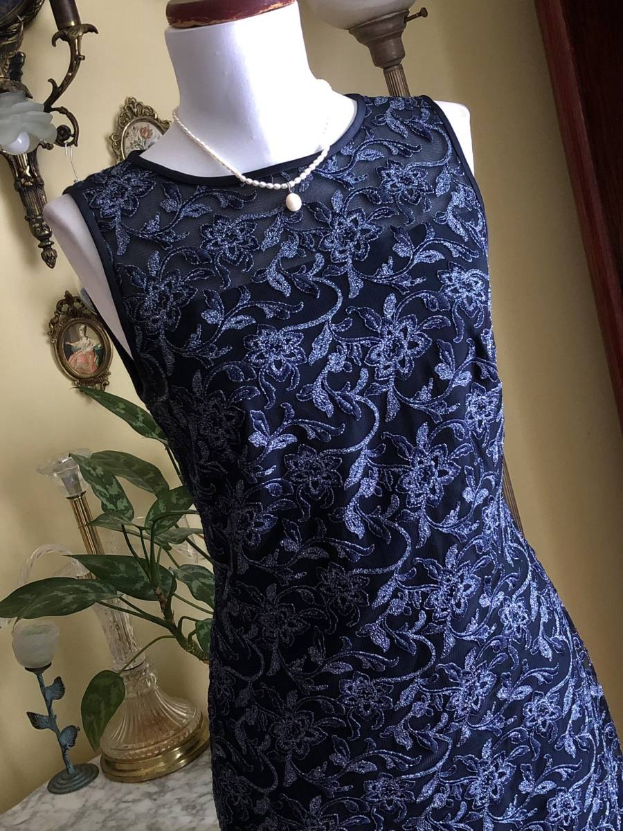 新品【ラルフローレン】シルバー糸入り花刺繍/濃紺ネットレース/カクテルドレス （US・６／11号～13号）#414