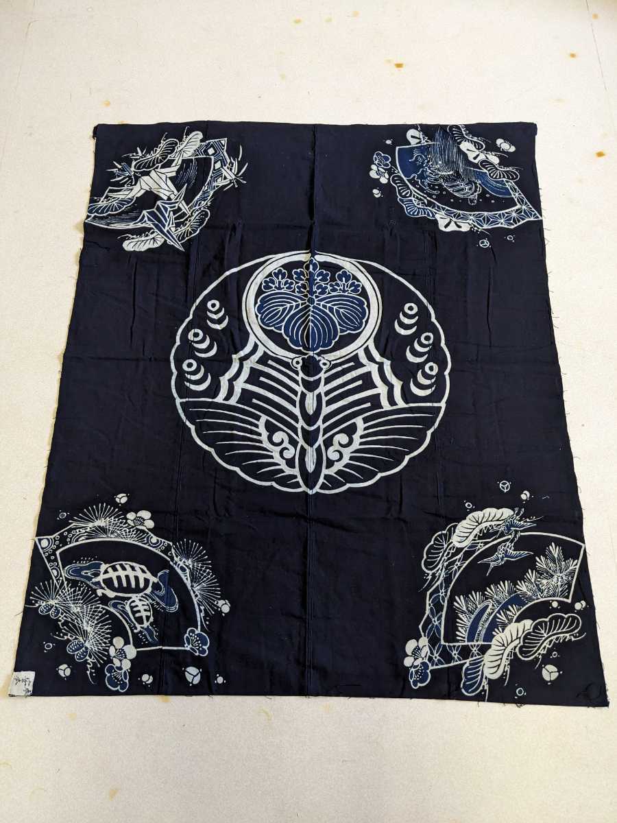 【萬】味のある古布　筒描き 五三桐紋に蝶　鶴亀　襤褸　木綿　藍染　型染　古布　古裂　ビンテージ　リメイク　ハンドメイド③