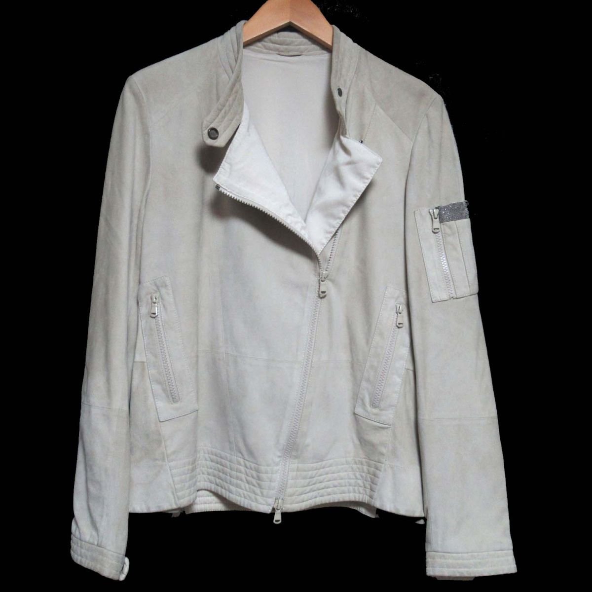 美品 BRUNELLO CUCINELLI ブルネロクチネリ モニーレ スエードレザー ダブル ライダースジャケット サイズ42 ベージュ アイボリー系 C0103