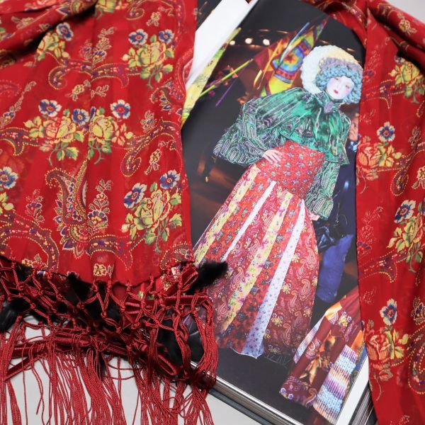 美品 激レア Christian Dior クリスチャン ディオール John Galliano フローラ ペイズリー リボン ファー シルク ショール ストール 正規品