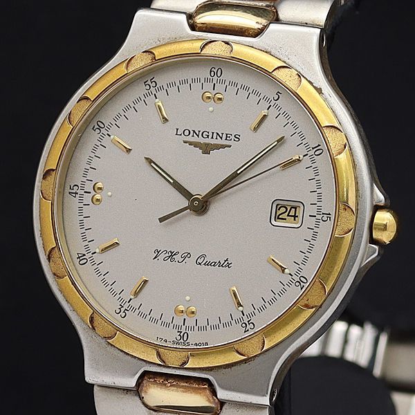 1円 稼働 良品 ロンジン QZ 4018 コンクエスト デイト ランド グレー文字盤 メンズ腕時計 5027000▽