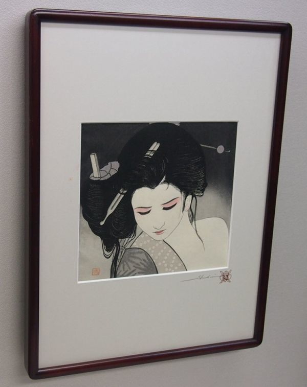 真作保証】 瀧秀水 「乱れ髪(墨)」 木版画 限定80部 直筆サイン 美人 