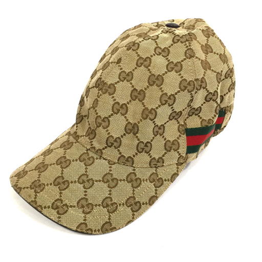 グッチ サイズ M 58cm キャップ 帽子 シェリーライン GGキャンバス レザー 200035 ブラウン 茶 GUCCI