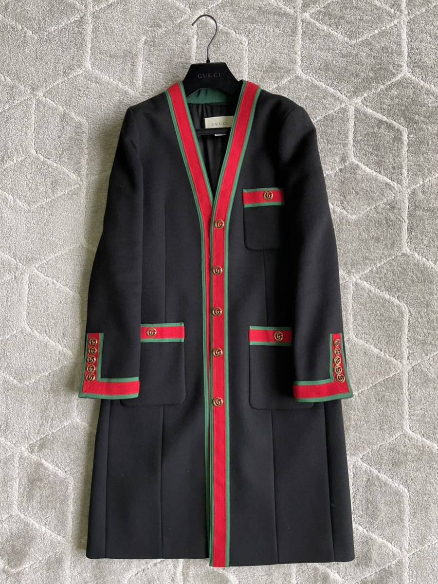 新品同様 グッチ Gucci ウール ロングコート ブラック GGボタン 黒 38
