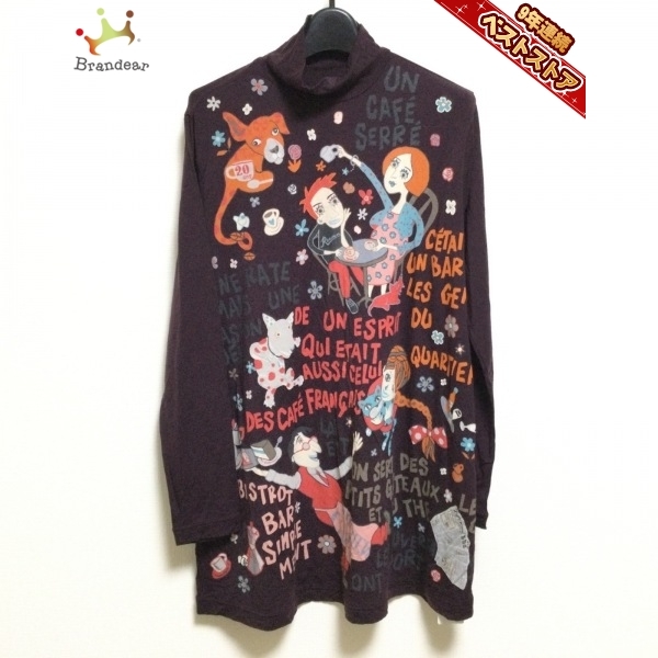 トクコ・プルミエヴォル TOKUKO 1er VOL 長袖Tシャツ サイズ9 M - ボルドー×オレンジ×マルチ レディース ハイネック/ネコ トップス