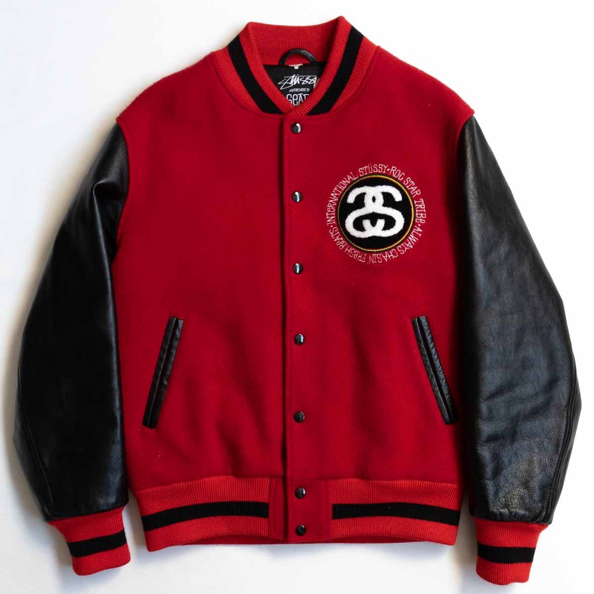 【美品】 STUSSY x ROCSTAR【レザー スタジャン】 L TRIBE ワッペン ステューシー 古着 y2302068