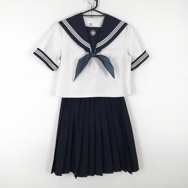 1円 セーラー服 スカート スカーフ 上下3点セット 夏物 白3本線 女子 学生服 佐賀鏡中学 白 制服 中古 ランクC NA8887