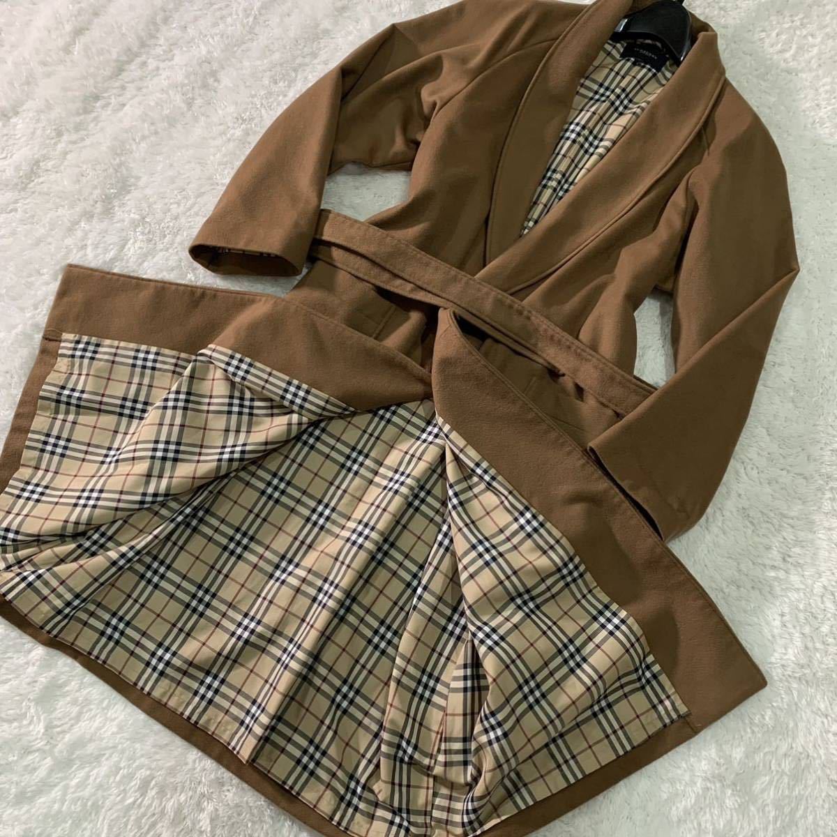 8 極美品 カシミヤ100% BURBERRYLONDON 西川産業 カシミヤ ガウンコート ロングコート 大きいサイズ ノバチェック キャメル系 XL 日本製