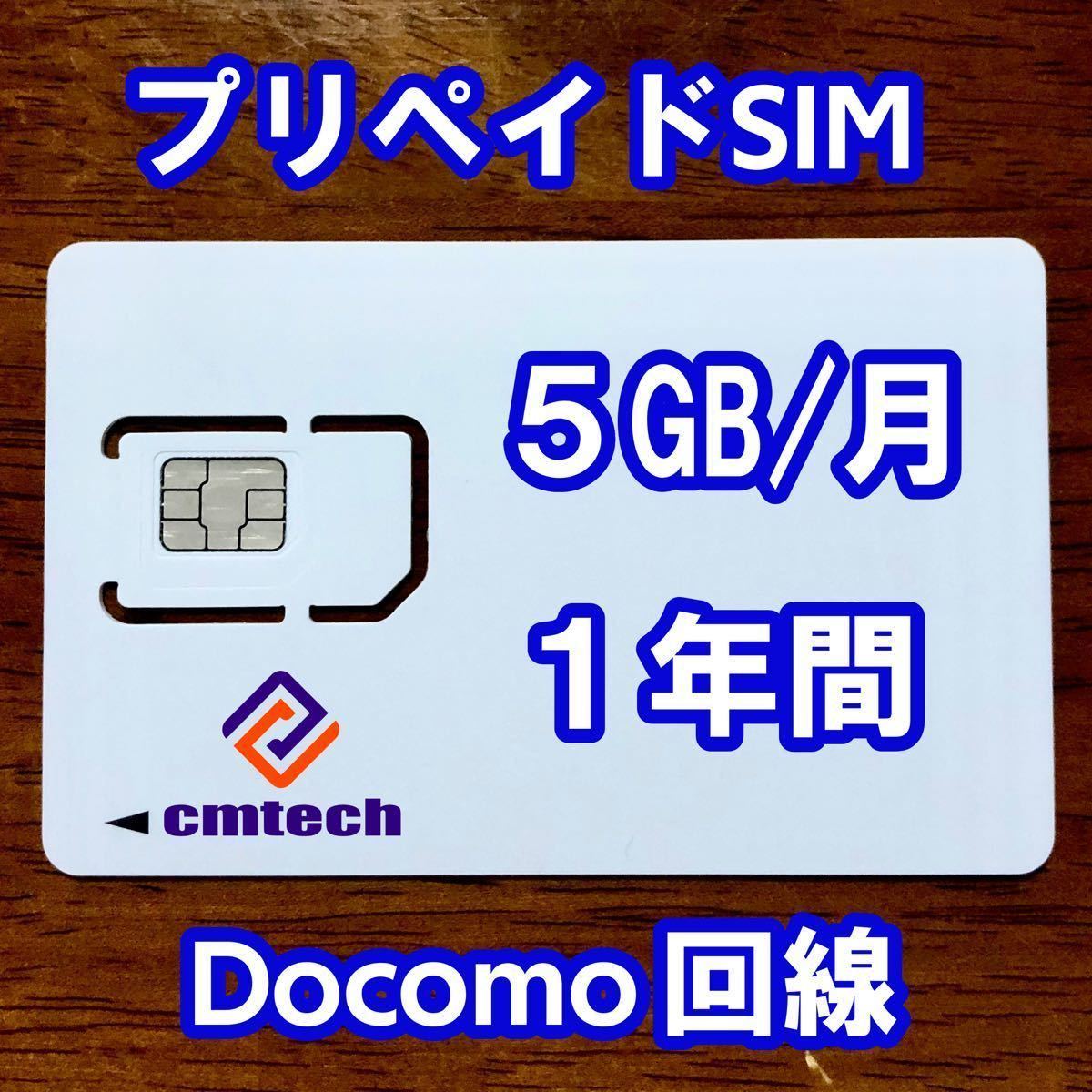 Docomo回線 プリペイドsim 5GB/月1年間有効 データ通信simカード6744