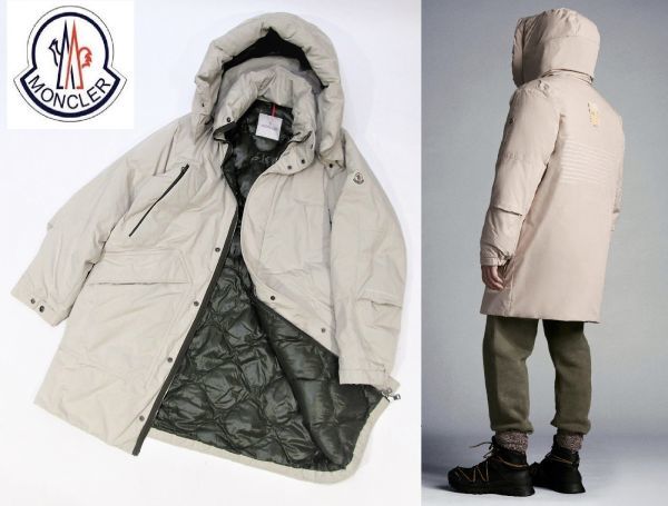 国内正規 21AW MONCLE TEYSSIER LONG DOWN PARKA モンクレール ユーズド加工 文字ロゴ ダウンジャケット コート パーカー ベージュ 1 JA-16
