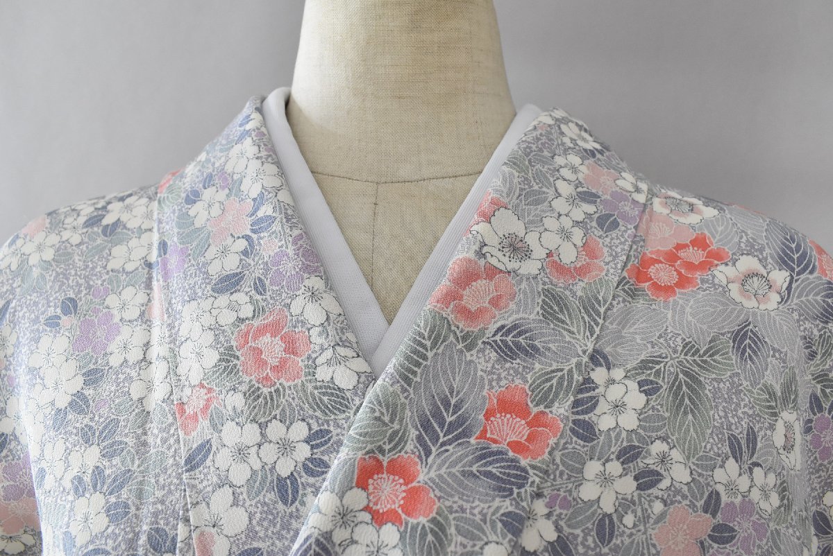 【桜庭呉服店】小紋 着物 花 葉 おしゃれ 身丈156cm 裄丈65cm　★ kb-3218