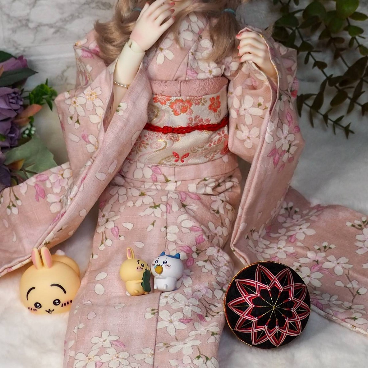 SDGrゆめぴ dds サイズ 薄桃桜生地金襴流水桜蝶 帯振り袖 ドール着物 