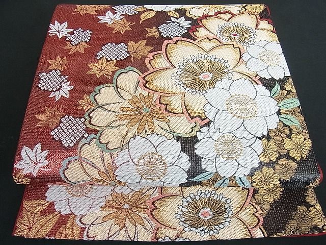 312y18◇七宝に花文 袋帯 六通 金糸 梅 桜 菊◇美品