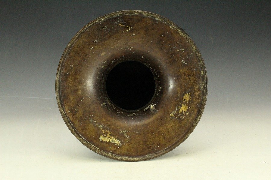 銀閣】古銅 鍍金 饕餮紋 獣耳 時代 花器 高32cm 旧家蔵出(BB432)