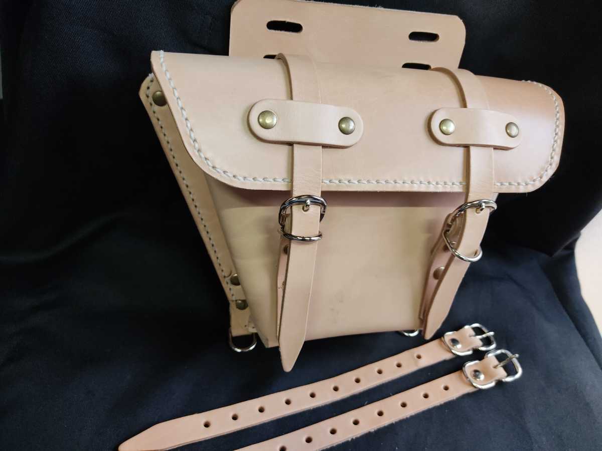 サイドバック ツールバッグ2　手縫い　(SR400 SR500　等)極厚牛革　ナチュラル　ベルト付き