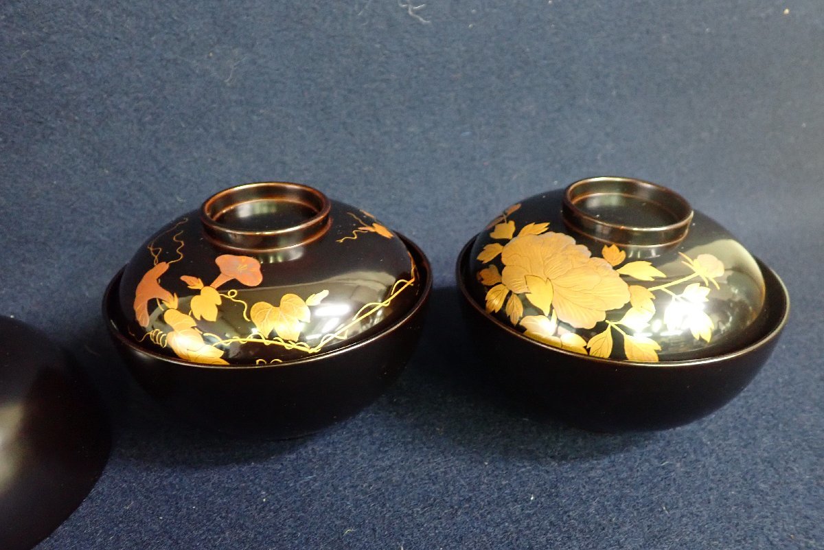 平安象彦 小吸物膳 蒔絵 折敷 五客 天然木 赤い漆器の膳 5枚セット
