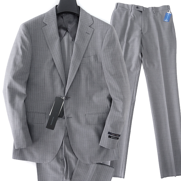 新品 ヒルトン 春夏 SUPER120'S ウール ストライプ 2パンツ スーツ AB6(幅広L) 薄灰 【J57812】 HILTON メンズ SAP 吸汗速乾 セットアップ