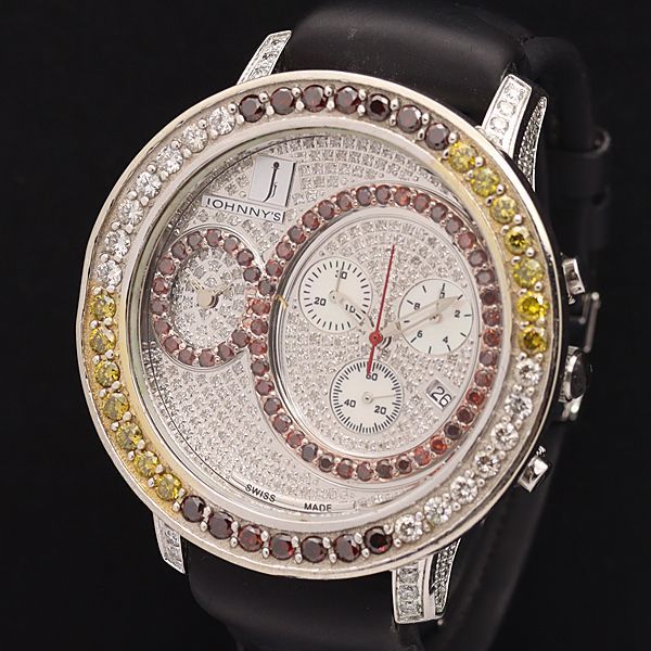 1円 稼働 良品 JOHNNY’S CUSTOM JEWELRY QZ TC-24-180-06 クロノ ラインストーン 白シェル×石付シルバー文字盤 メンズ腕時計 2589400STU