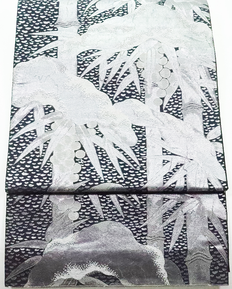 訪問着用 西陣織袋帯 正絹 雪持笹南天文様 黒 銀 F5285 未使用品 着物 レディース Lサイズ オールシーズン 送料無料