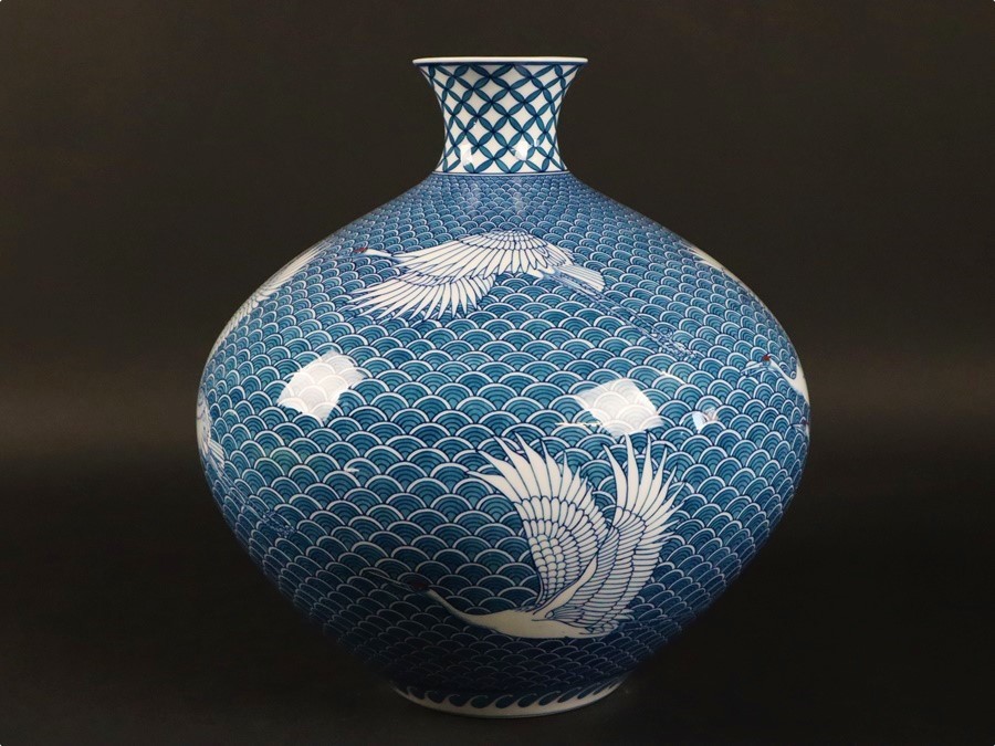 伝統工芸 有田焼 視行窯 池田視行 喜左衛門 作 染付鶴細密絵付花瓶 高