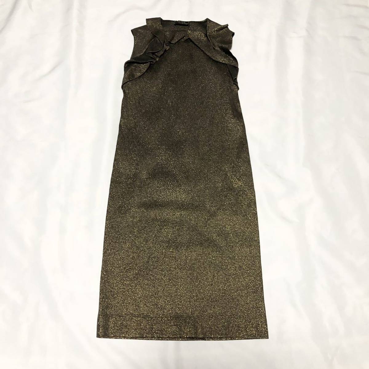 LANVIN Les 10 ans ランバン　ワンピース　ノースリーブ　ゴールド　エルバス期　アルベールエルバス　ストレッチ　フリル　総柄　2012AW