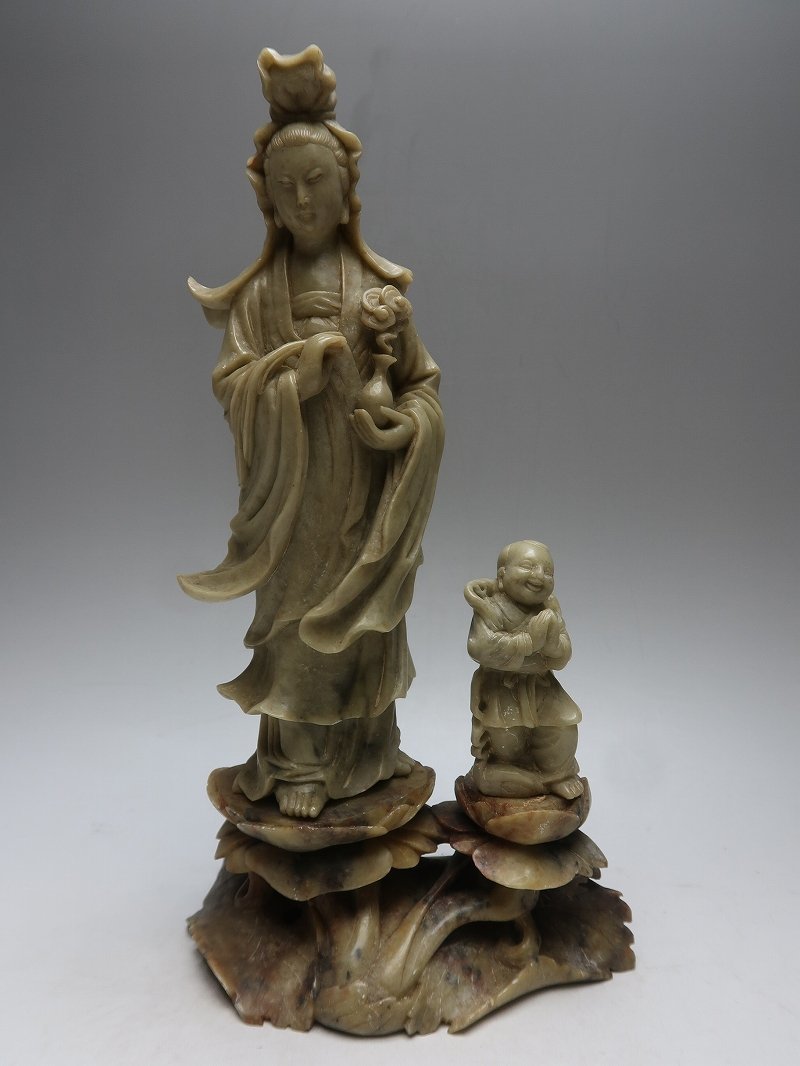 玉石寿山石彫刻　蓮に鶴刻　置物　唐木台付 集】040422寿山石彫刻 観音唐子彫刻置物 中国美術玉石工芸 【公式通販】