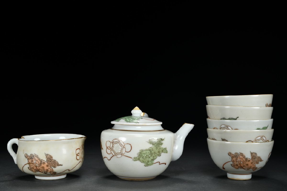 | 和座の蔵 おしゃれ ◆鶴鳴堂◆九谷焼 加賀九谷 煎茶器 急須 湯呑み 茶碗五客 時代箱付き 茶道具 古董品 古美術0311-78　壺12ｘ10.5ｘ8㎝