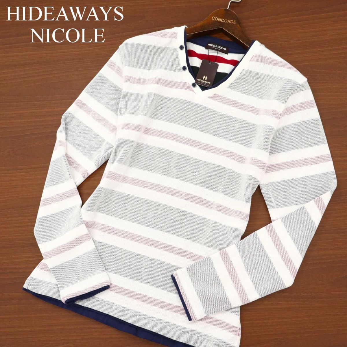 【新品 未使用】 HIDEAWAYS NICOLE ハイダウェイ ニコル 通年 長袖 レイヤード風★ カットソー ロンTシャツ Sz.46 メンズ 白　C3T02902_4#L