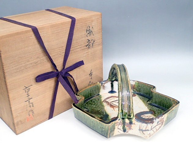 織部焼 手鉢 焼物鉢 扇面鉢 共箱付 骨董品 陶磁器 茶事 (幅29cm、奥行