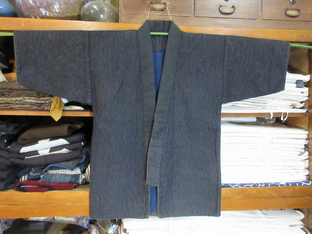 古布・津軽の刺し子】 野良着 縞木綿！絣 リメイク 藍染 半纏 法被
