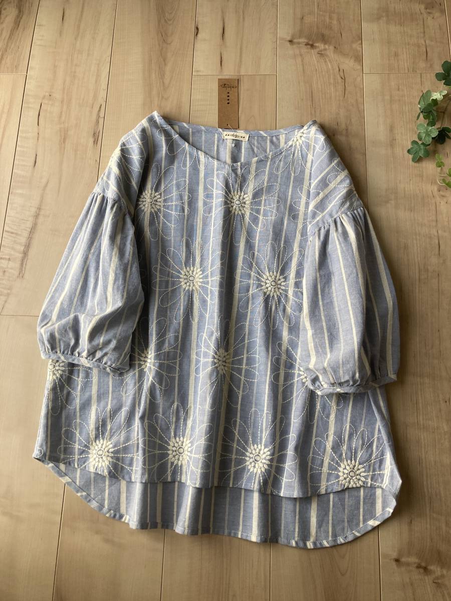 ②新☆embelgeアンベルジュ☆刺繍コットンリネン麻ブレンドプルオーバーチュニックBL大きいサイズL