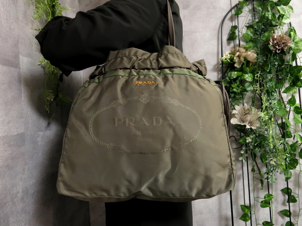 超美品○PRADA プラダ○ジャガード ロゴ 刺繍○ポコノ ナイロン ラム 