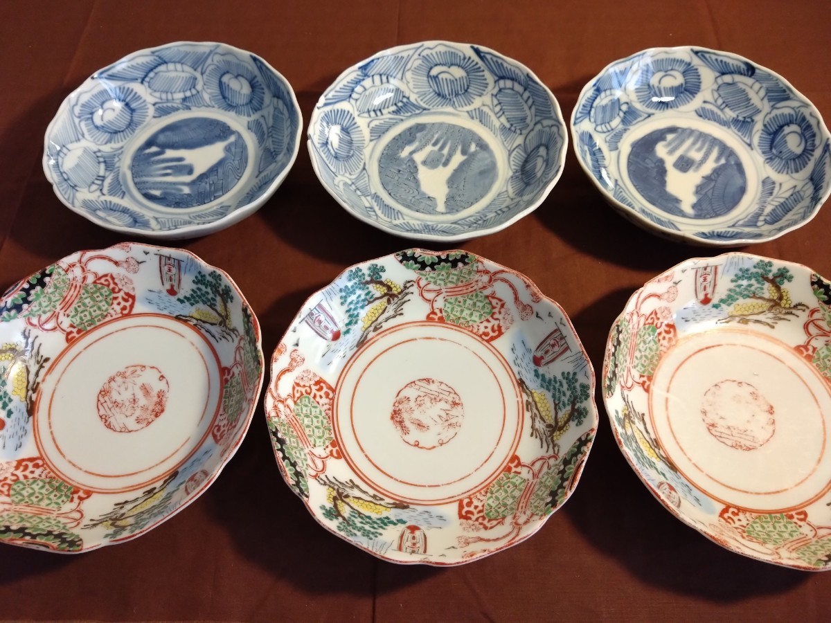 古伊万里　伊万里　色絵　染付　なます皿　アンティーク伊万里　２種　６客