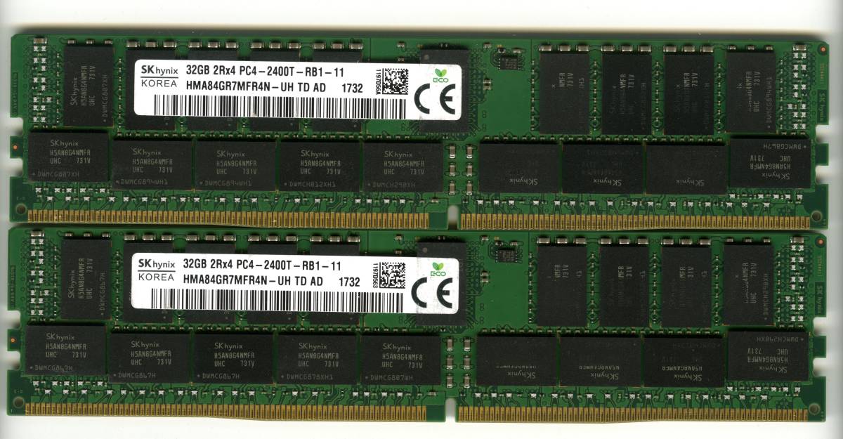 SKhynix、DDR4-2400、ECC Registered、32GB×2枚セットで64GB、中古 reg