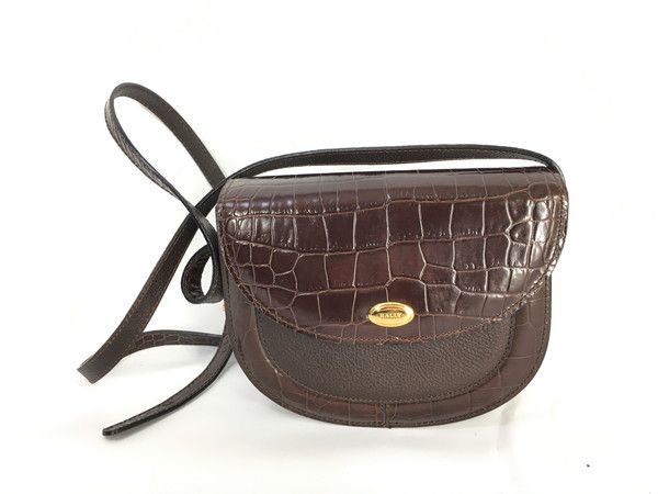 1円 美品 バリー クロコダイル型押し ショルダーバッグ ダークブラウン EV715