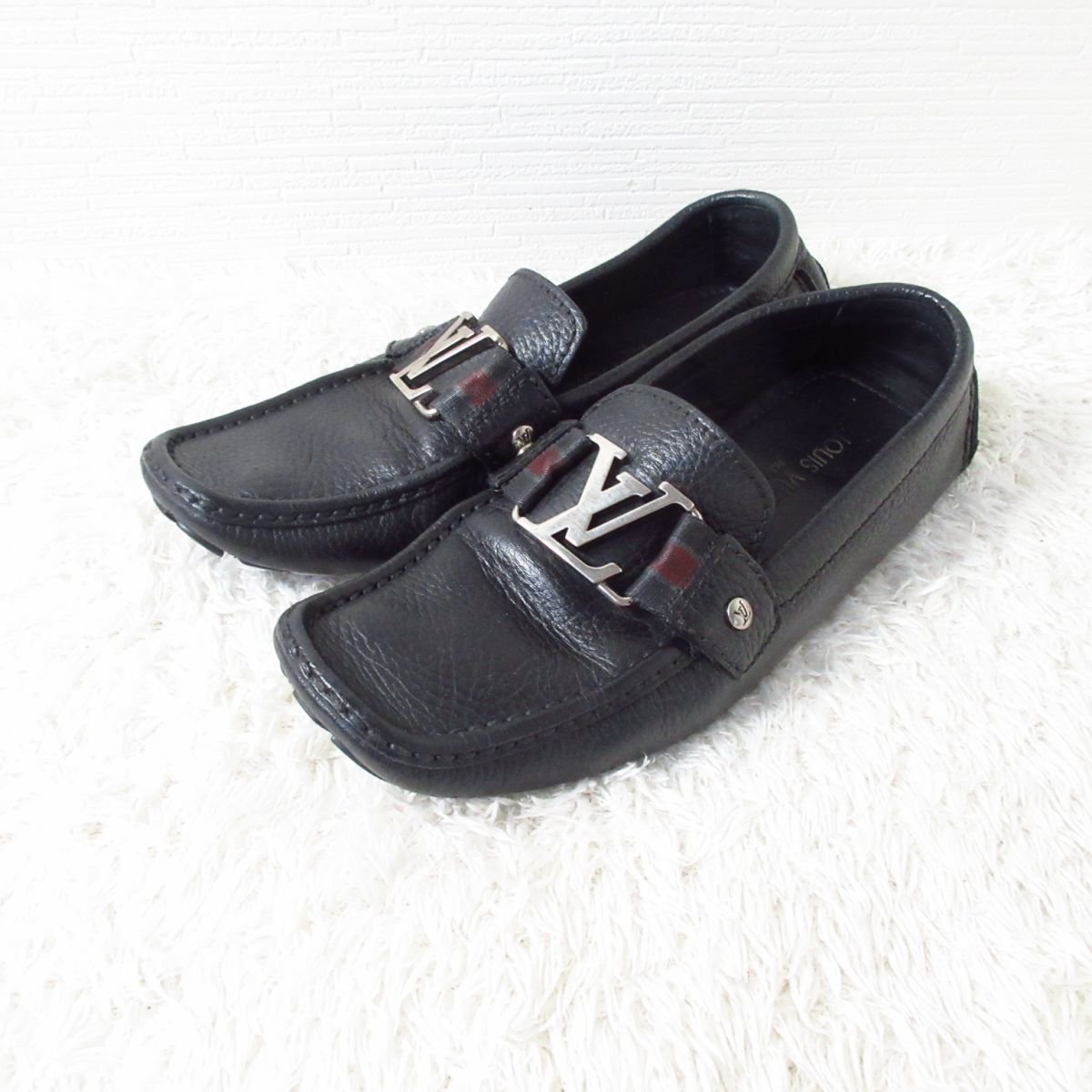 美品 Louis Vuitton ルイヴィトン レザー ロゴバックル スクエアトゥ ドライビングシューズ モカシン 6M 約25cm 黒 ブラック 043