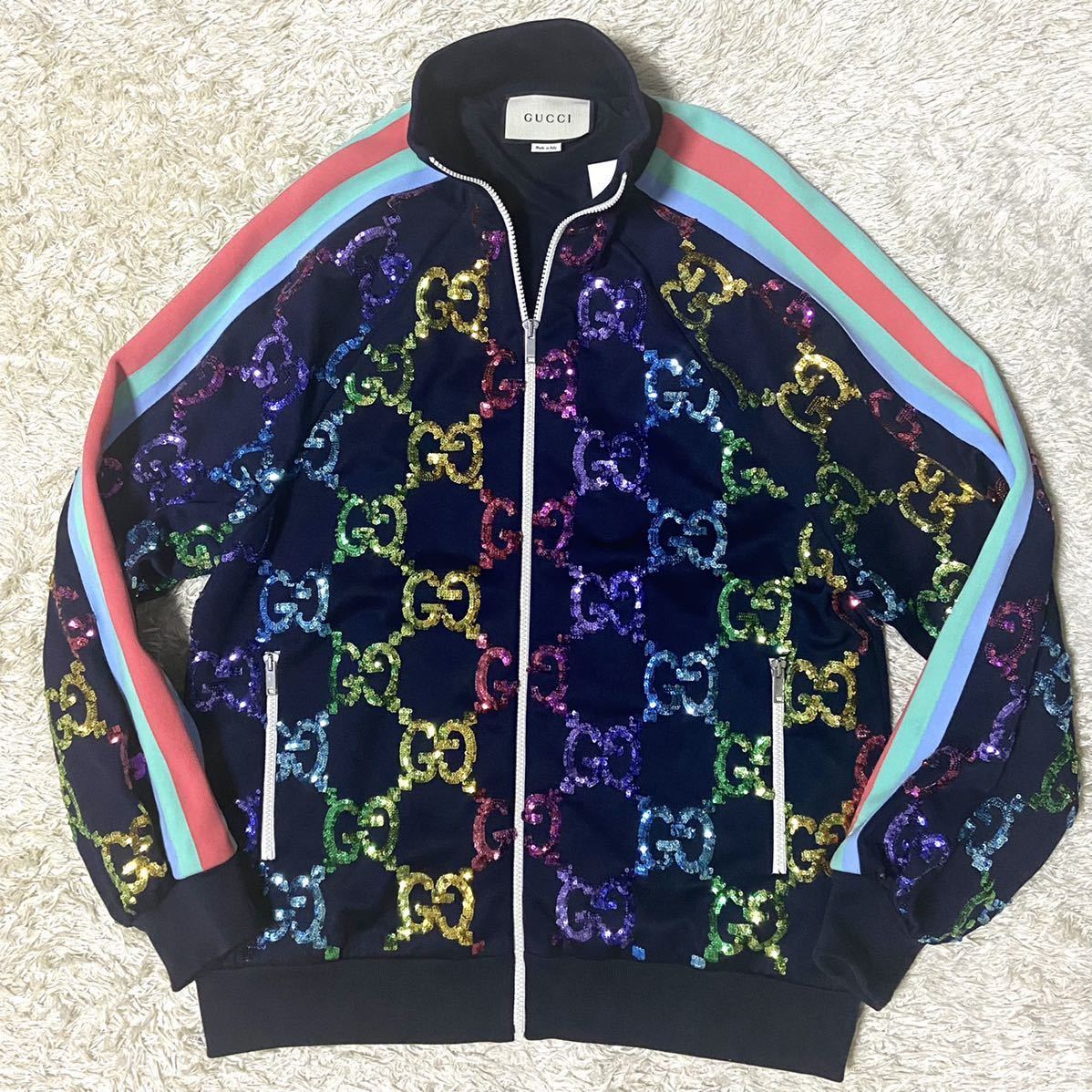 定価58万 未使用●GUCCI グッチ ジャンボGG スパンコール レインボー トラックジャケット ジャージ メンズ レディース 国内正規 