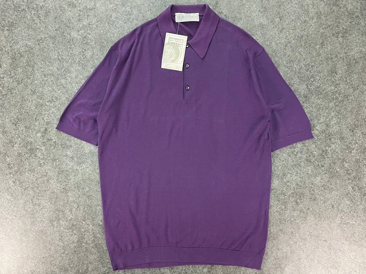 Wh513 新品 未使用 英国製 ジョンスメドレー 半袖 ニットポロ サマーニット ポロシャツ コットン 紫 タグ付き メンズ 42