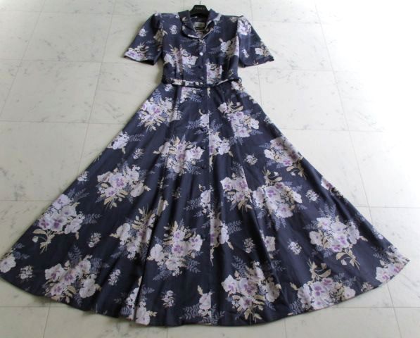 ローラアシュレイ ASHLEY LAURA 7号 ネイビー 花柄 ロングワンピース