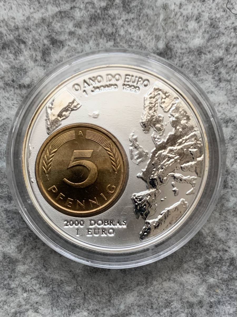 サントメ・プリンシペ　1999年　ユーロ発行記念/ドイツ５ぺ二ッヒはめ込み　2000ドブラ/1ユーロ（プルーフ）銀貨
